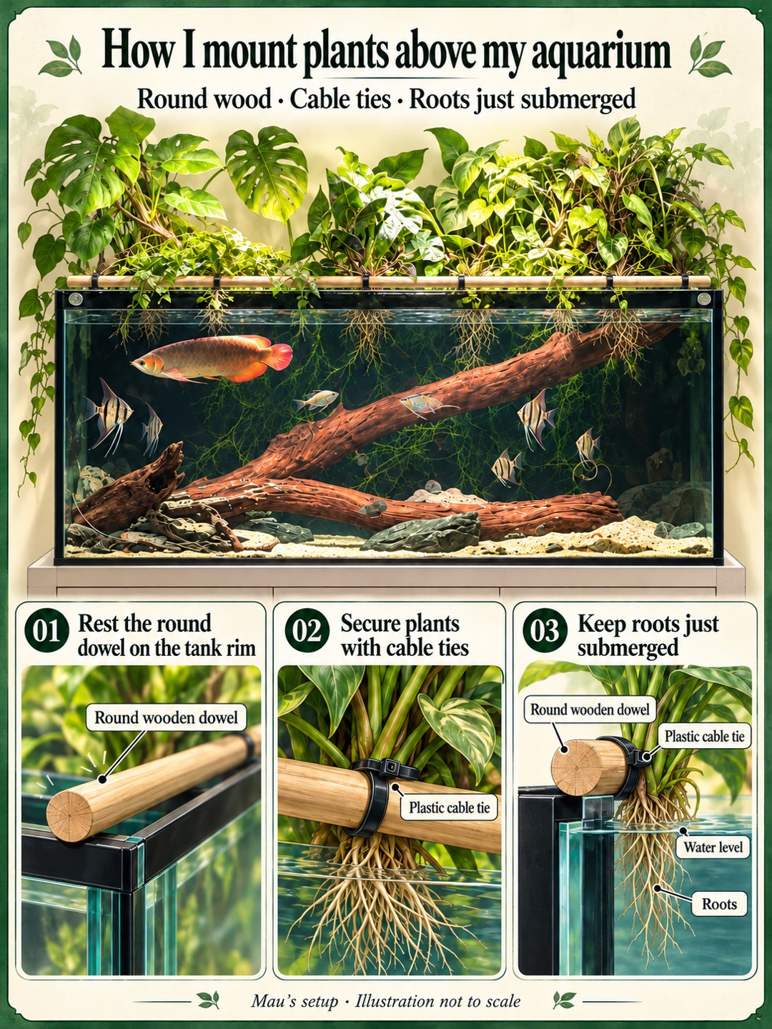 Three steps: rest one wooden bar across the tank rims, secure the plants with plastic cable ties, and keep the roots just below the water. Close-ups show the mounting and water level.
